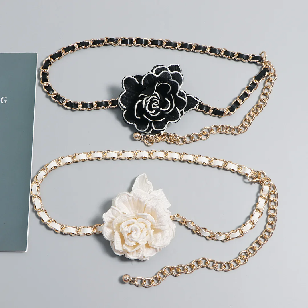 High Quality Designer Leather Belts Elegant Camellia Chain Belt Adjustable Ladies Waist Chain Women Metal Belt Cadena De Cintura