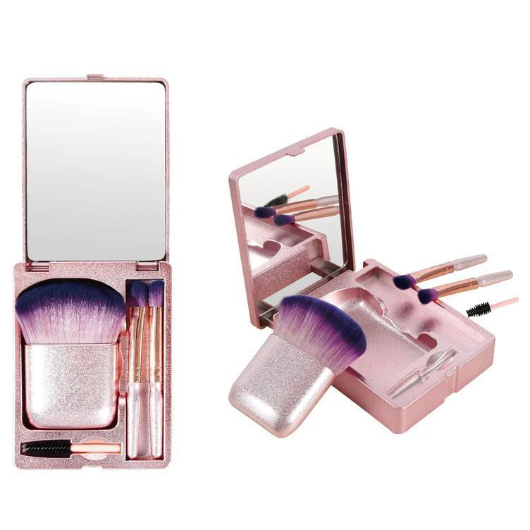 4 Pcs New Luxury Bling Makeup Brushes Kit Travel Mini Small Cosmetic Tool Portable Makeup Brush Set With Mirror Case