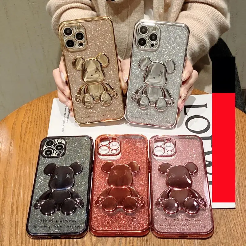glitter transparent Silicone Lens Protection Cover Cute Bear Plating Phone Case for iPhone13 11 12 xs promax