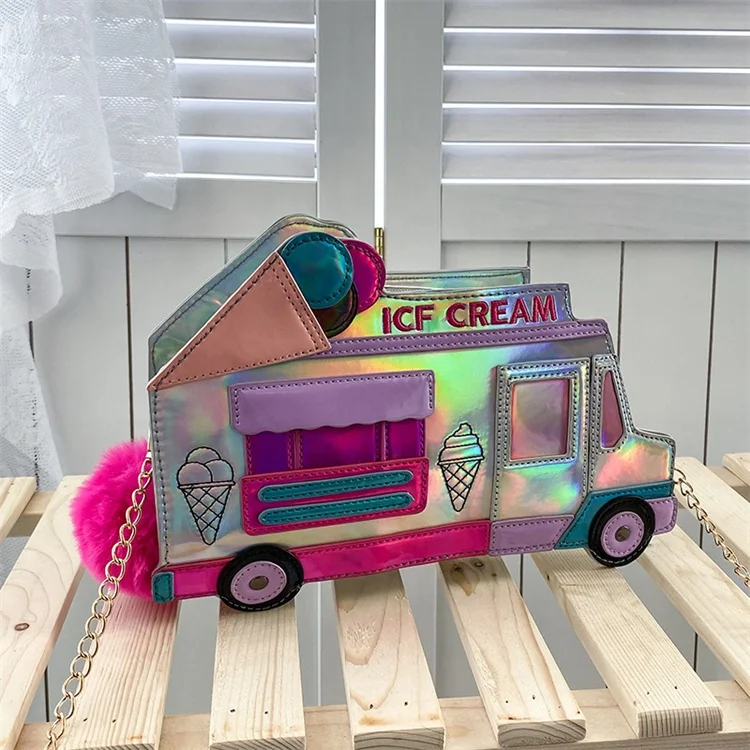 Individuality Laser Funny Custom Cute 3d Colored Mirror Leather Ice Cream Cart Evening Party Makeup Women Shoulder Bag Handbag