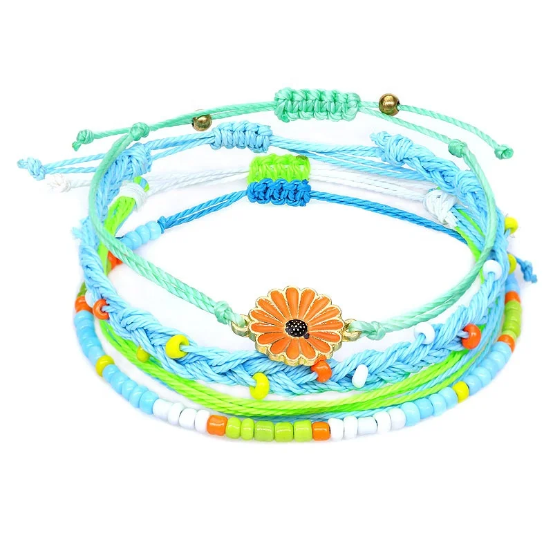 Weave Bohemian Bracelet Boho Handmade Woven Sunflower Wax Rope Flower Cotton Bracelet For Women Jewelry