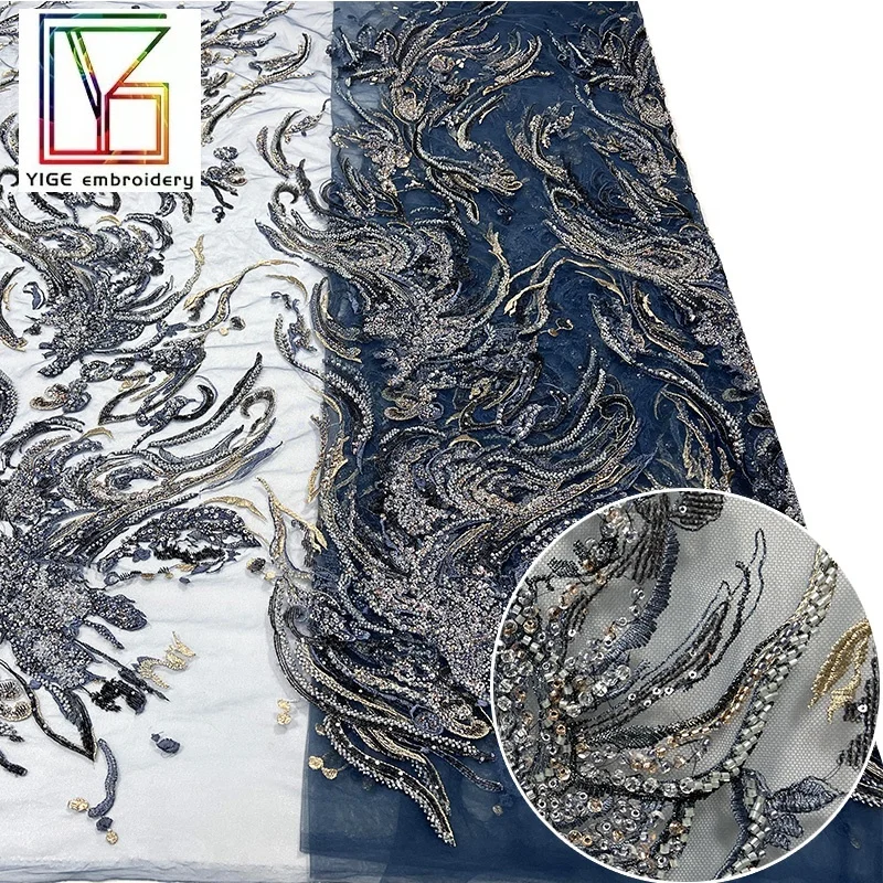 Navy blue Handmade beaded embroidery tulle crystal sequins Lace with transparent Glass 3D pearls wedding bridal Lace fabric