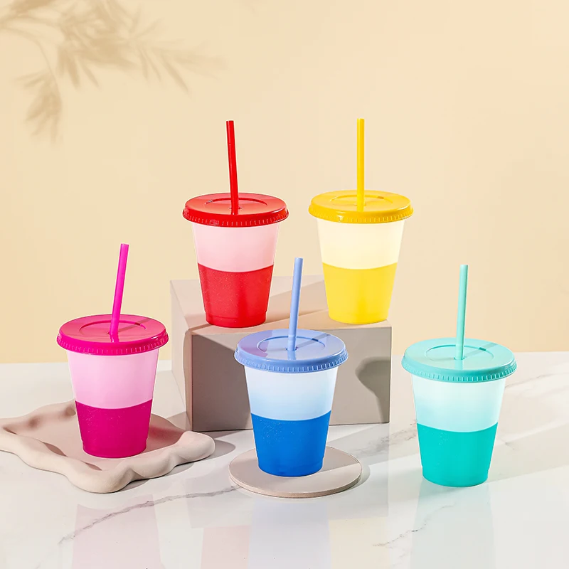16oz Small Cute Reusable Plastic Travel Cups Coffee Tumbler Ice Cold Water Color Changing Cup With Lids and Straws