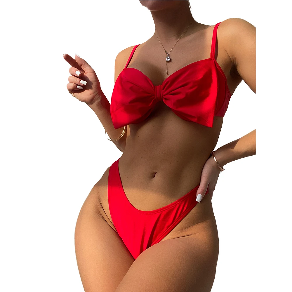 FS Red V-Neck Large Butterfly Adjustable Simple Underwire Push Up Bathing Suits Two Piece Young Girl Extreme Thongs Micro Bikini