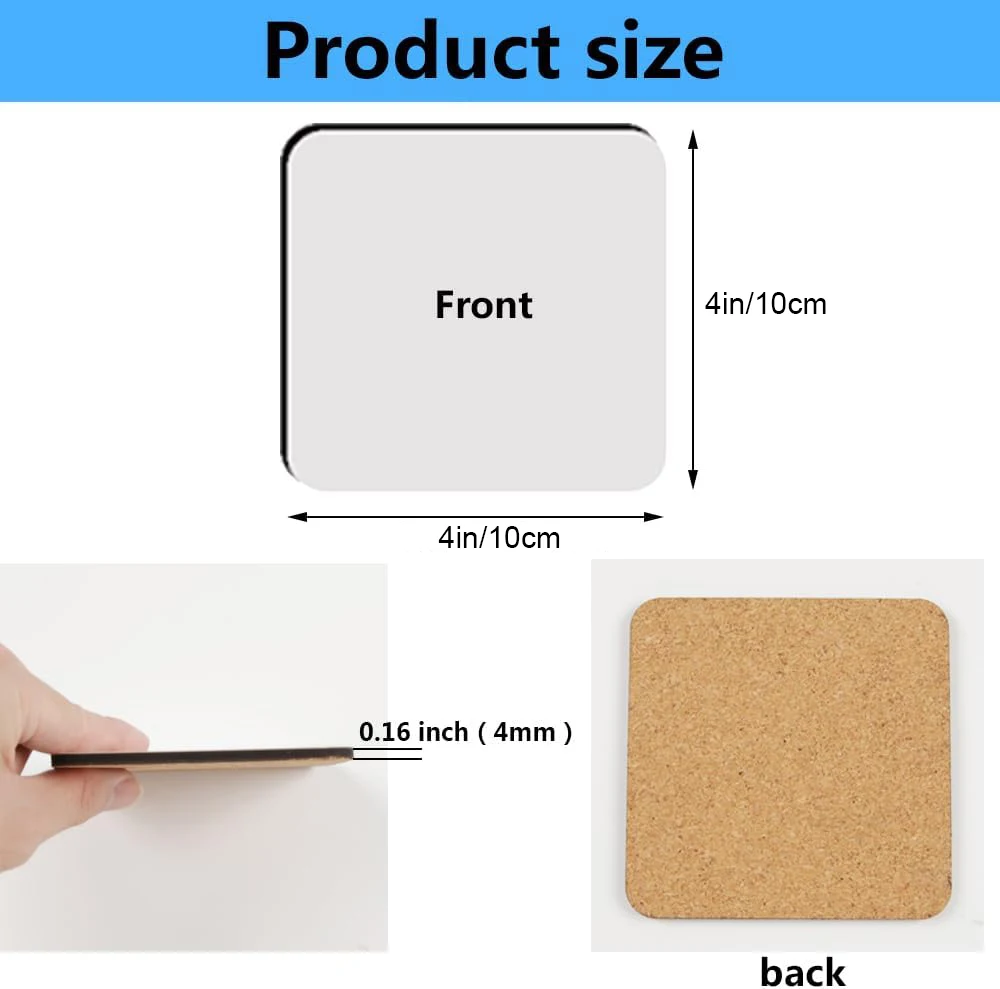 HTPmart 4inch Sublimation 4mm Blank MDF Wooden Coaster with Cork Non-slip Customized Printing Square/Rounde Shape Mug Coaster