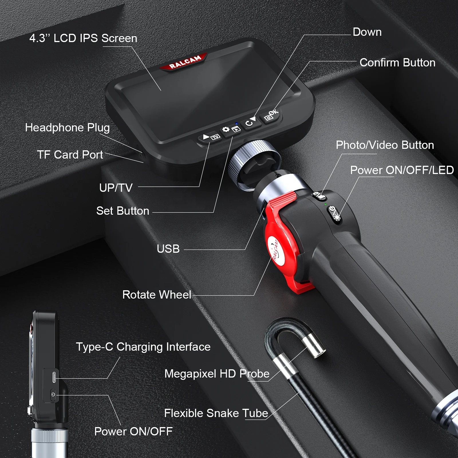 Factory Direct Sales Two Way Endoscope 720P IP67 Adjustable LED Video Recording Borescope 4.3 Inch Articulating Borescopes OEM