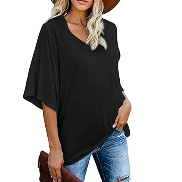 Mandy 2023 свободная красная Повседневная летняя удобная женская футболка с V-образным вырезом