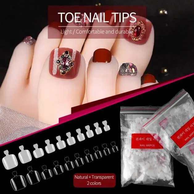 Nail Art Decoration 500pcs/bag Toe Nail Tips Artificial Acrylic Natural/Clear Manicure Toenails Beauty Tools Foot Nail