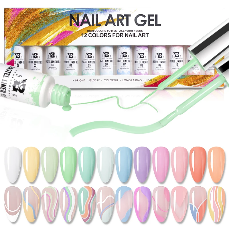 BOZLIN Pastel Series 12 Color 8ml Semi Permanent Nails Painting UV Pull Line Gel Art Liner Gel Polish