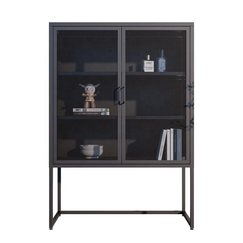 Modern Design Metal Bedroom Cabinet Mesh Door Steel Iron Glass School Workshop Gym Good Ventilation Office Furniture Panel Wood