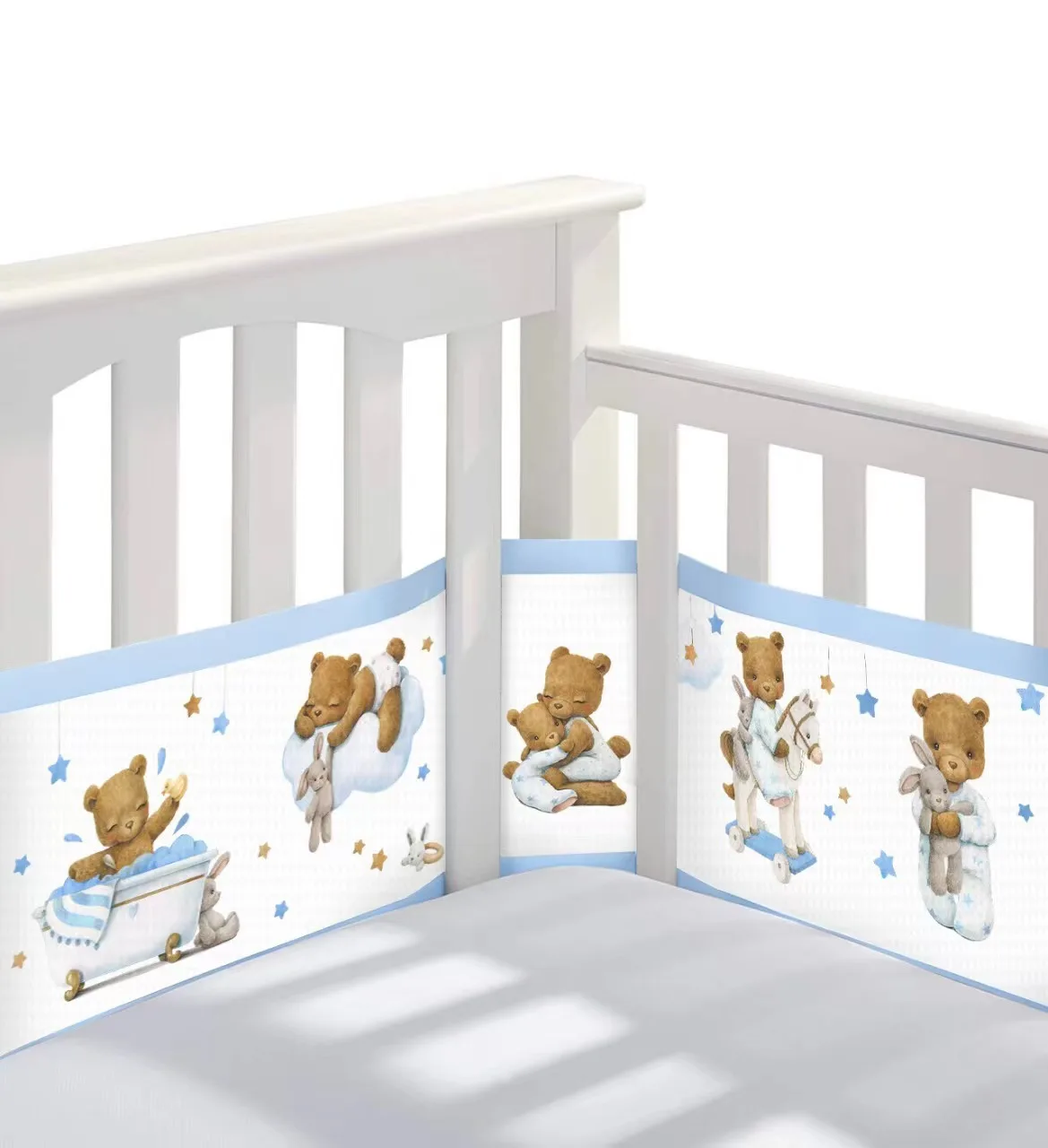 Hot Selling Breathable Air Mesh Fabric Baby rFull-Size Four-Sided Slatted and Solid Back Cribs Printed Mesh crib bumper