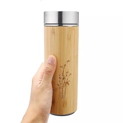 Custom Logo 450ML Bamboo Vacuum flasks Cup Stainless Steel water Bottle With Fruit Tea Strainer Filter For gift