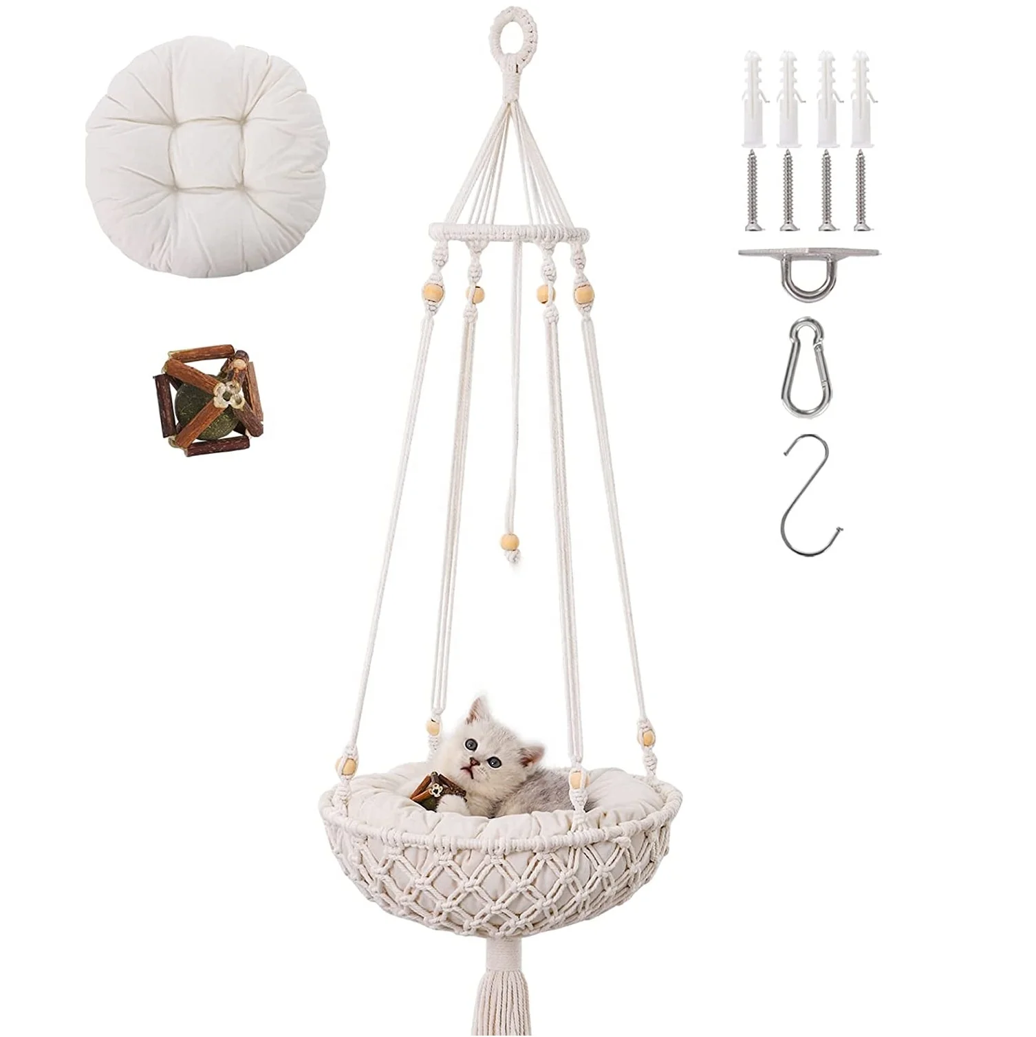 Handwoven Hanging Cat Bed, Boho Cat Swing with Hanging Kit Cat Hammock Bed