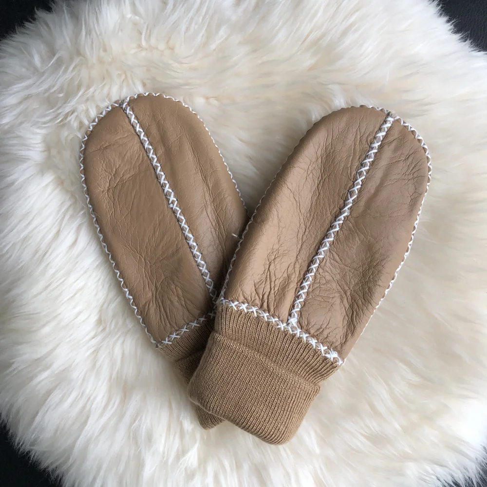 Custom Fashionable Waterproof Features Double Face Sheepskin Leather Gloves Kids Mittens Shearling Fur Lining