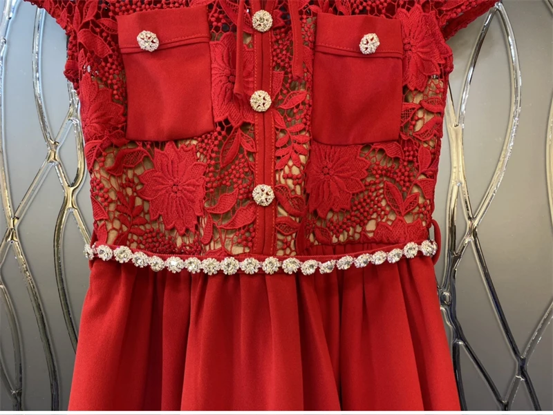 Top Quality New 2023 Spring Dress Women Bow Collar Crochet Lace Embroidery Beading Deco Short Sleeve Mid-Calf Length Red Dress