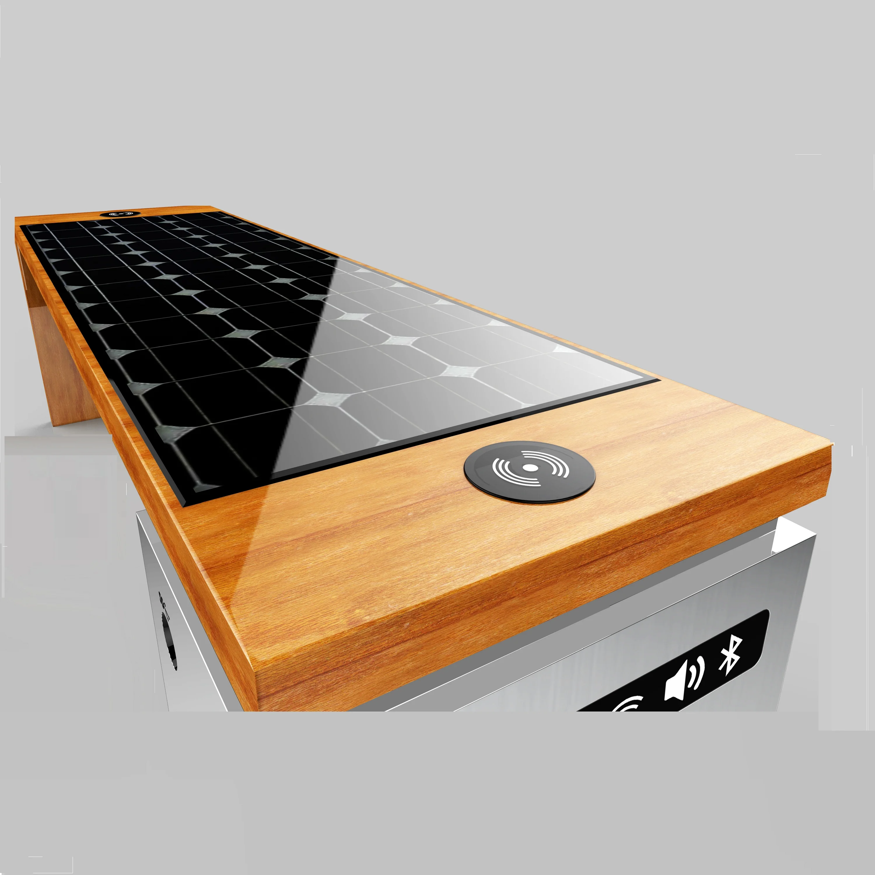 Smart bench energized by solar power with WIFI Bluetooth speaker, Wireless & USB charging, LED strip light and body Induction