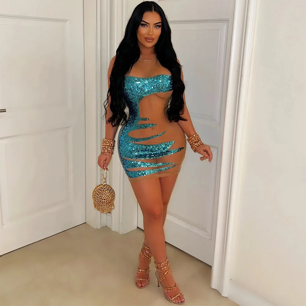 C13186 - trending sleeveless mesh transparent sequin o neck bodycon sexy women dress party