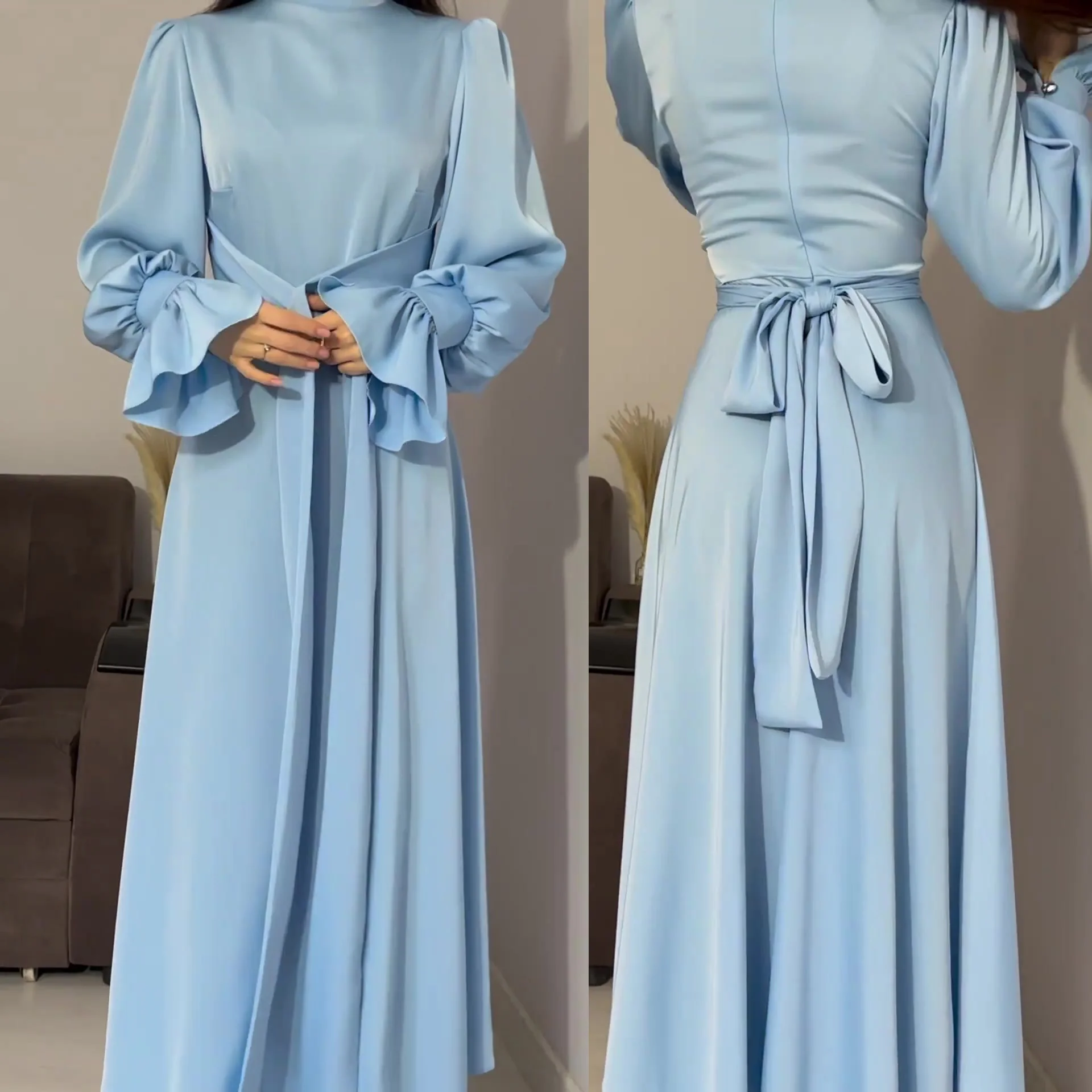 2024 Wholesale Ramadan Turkish Green Abaya Muslim Dress Women Kaftan Dubai Islamic Clothing Modest Evening Dress Satin Abaya