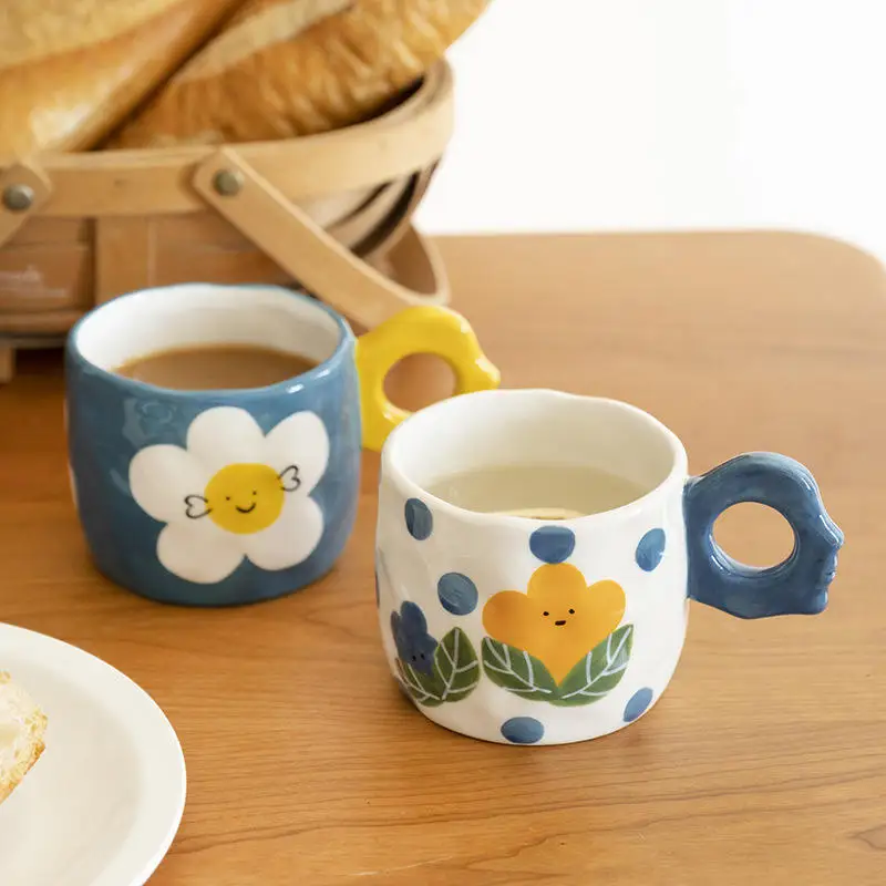 High-value ins ceramic hand-painted water cup girly heart breakfast tea cup hand-painted flower mug