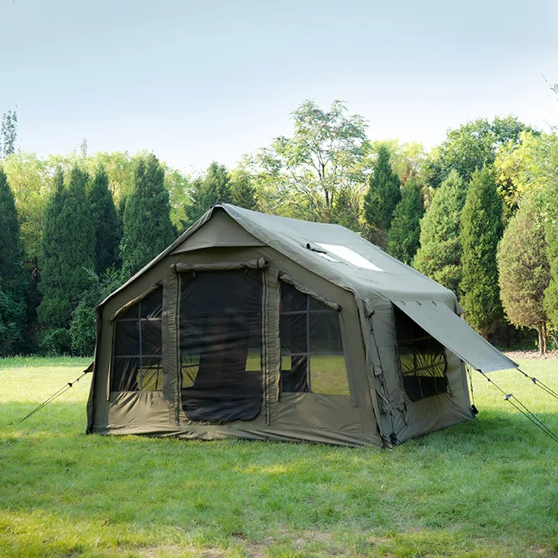 Roof Tent 8 square meters 3-5 people cotton Tactical Army Green inflatable tent Camping simple hut No build campsite