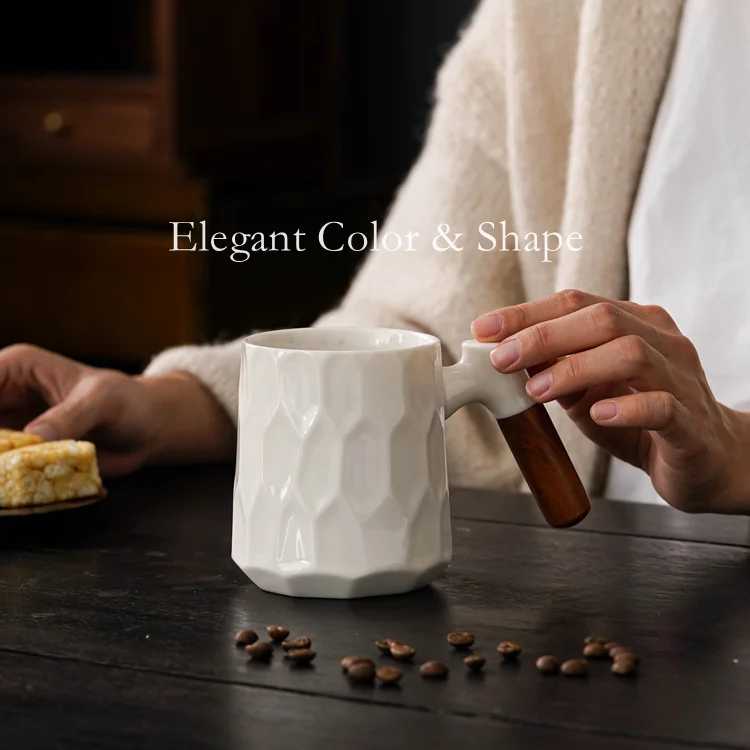 2023 New Large Unique Luxury Ceramic White Porcelain Water Coffee Mug with Wooden Handle
