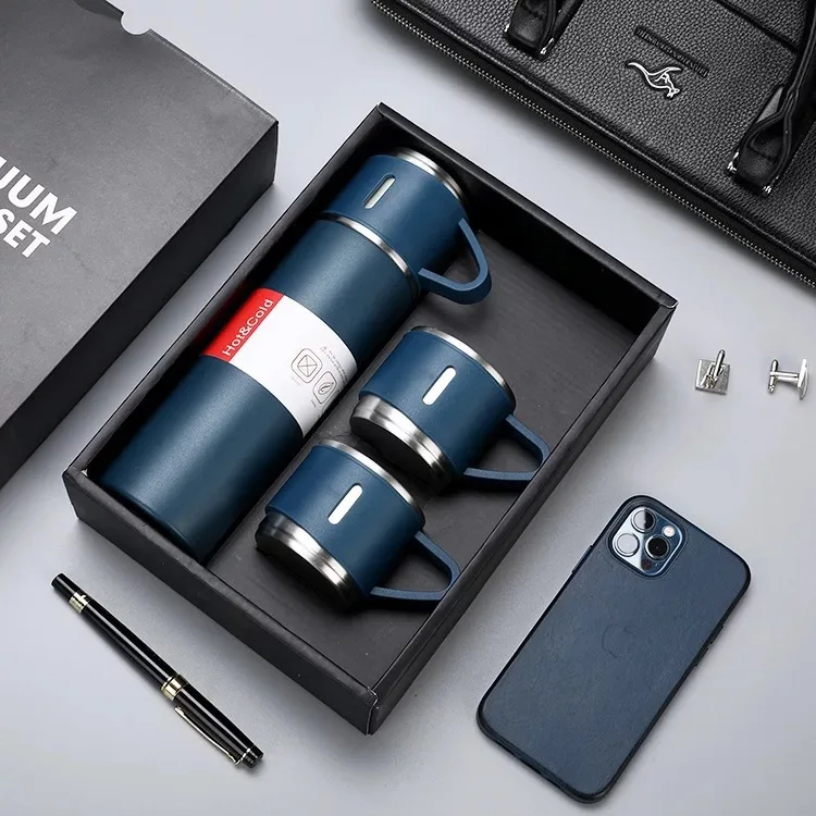 Custom logo drink ware gift box Vacuum flask Stainless steel water bottle with 2 cup luxury Corporate Business Gift box set