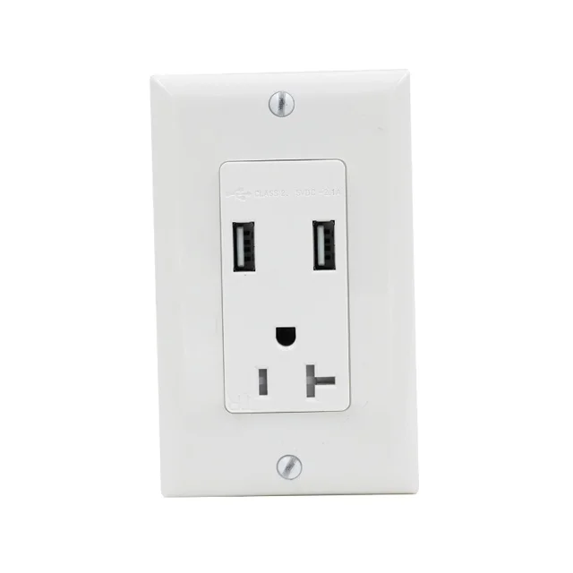 UL cUL USA 2.1A 2 Port USB Wall Socket with 20A Tamper Resistant Receptacle
