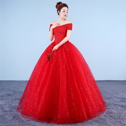 Bride Adult Ceremony One Shoulder Korean Style Custom Size Floor Length 2021 Wedding Dress Lace Red Wedding Dresses
