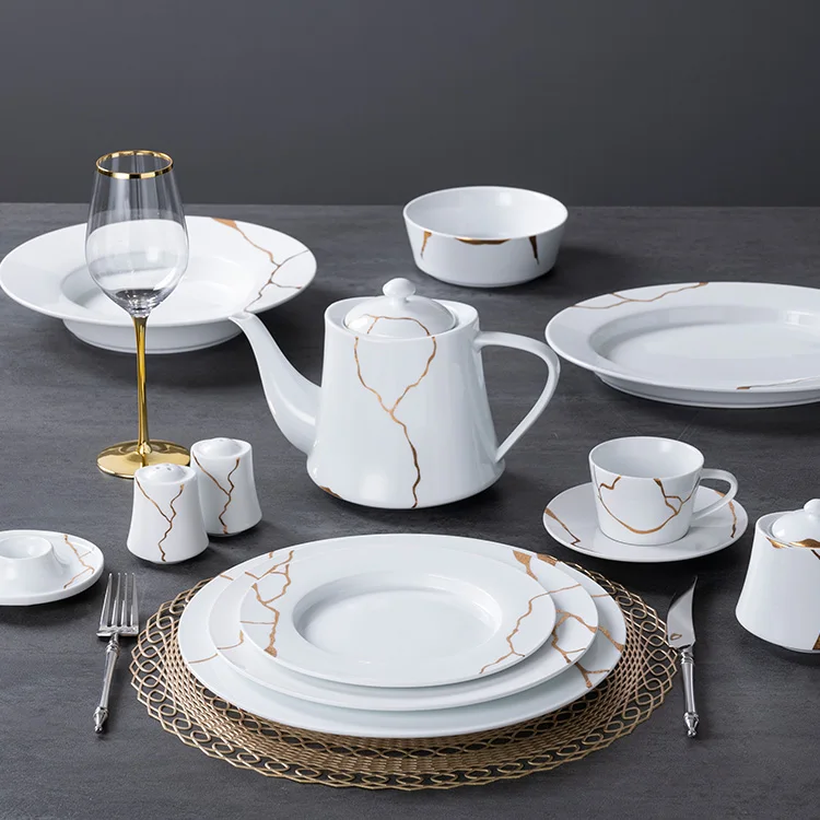 Gold rim ceramic plates custom printed ceramic plate white dinner plates restaurant tableware sets kitchen porcelain dinner set