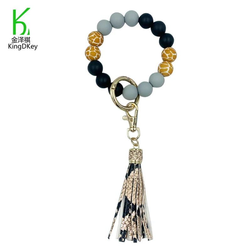 New PU Leather Tassel Wooden Silicone Beaded Bangle Bracelet Keychain Leopard Printed Wrisyband Keyring