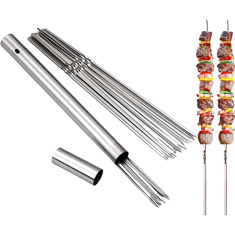 Stainless Steel Metal Flat BBQ Grill Kebab Skewers Shish Kabob Grill Skewers with Portable Metal Storage Tube