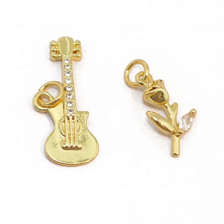 CZ8859 Mini Little 18k gold plated cubic zirconia micro cz pave Guitarist guitar Rose Flower with marquise cz leaf charm Pendant