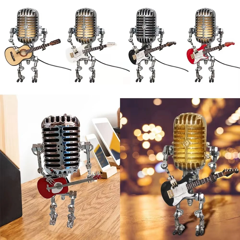 Vintage Microphone Robot Lamp Play Guitar Desk LED Lamp Lights Vintage Miniatures Crafts Lighting Office Home Decoration