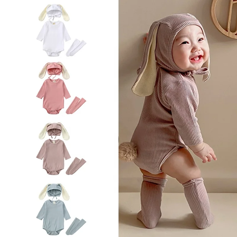 Bunny Baby Girl Boys Romper Clothes Hat Socks 3 Pieces Sets For Newborn Rabbit Ear Cotton Solid Ribbed Infant Bodysuit Costumes