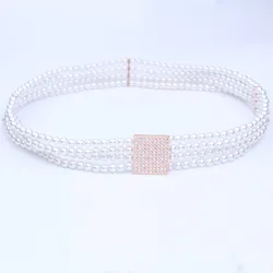 Women Fashion Pearl Beaded Elastic Waist Belts For Dresses With Ally Buckle Ladies Flower Crystal Belt
