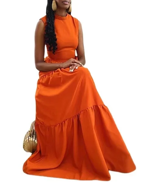 2022 New arrival Trending New African Women Solid Color Orange Large Swing Long Dress Lady O neck Sleeveless career dresses