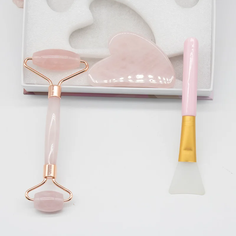 Factory Price Pink Crystal Roller Jade Massager Pink Crystal Heart-Shaped Scraper Face Film Brush 3-Piece Gift Set