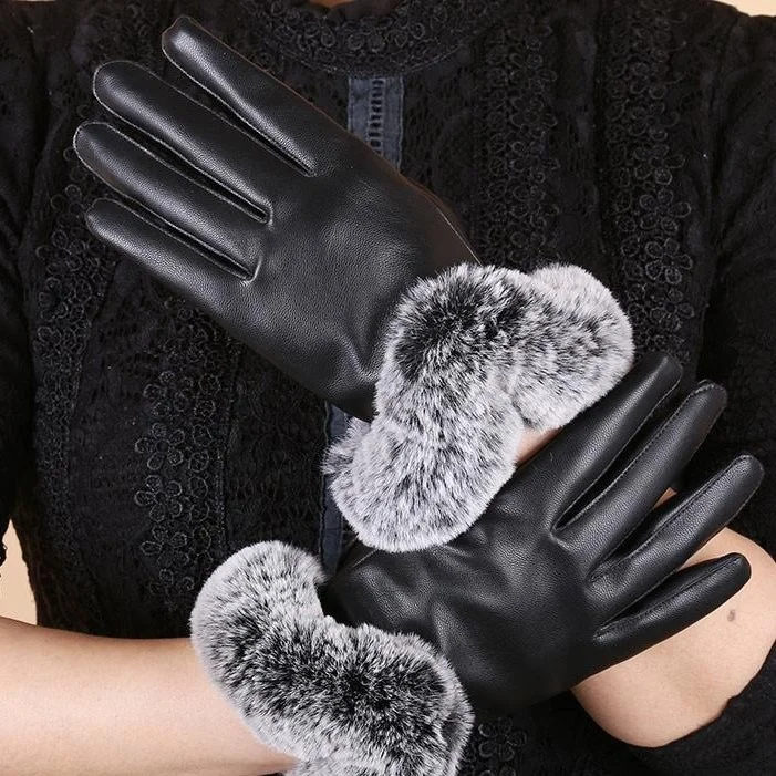 Top Quality Winter Warm Fur Black PU Leather Fashion Gloves For Women
