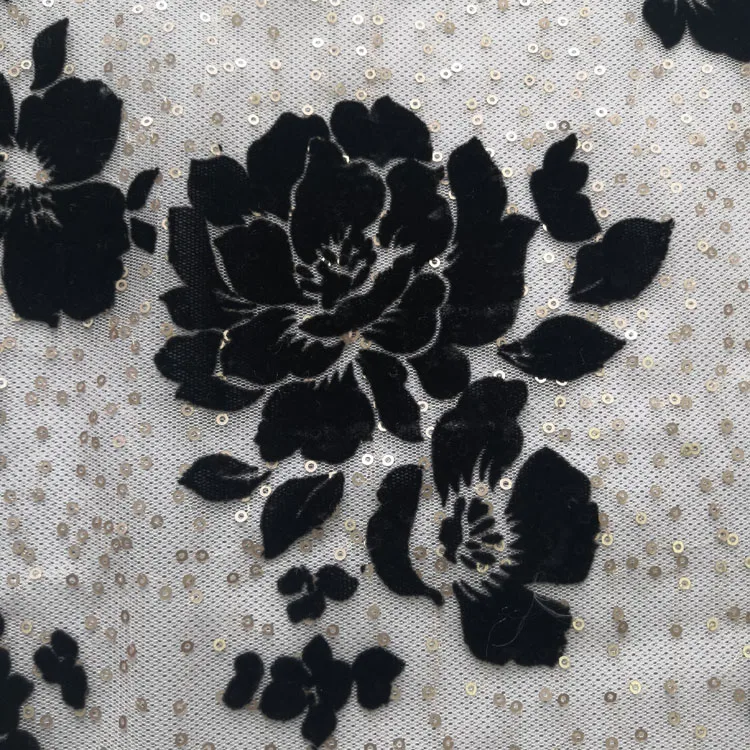 Sequins fabric for evening party dress rose flower flocking decoration french tulle mesh lace cloth fabric