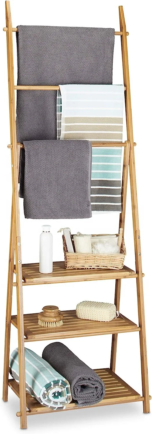 Modern Bamboo Ladder Shelf Small Clothes and Towel Rack with 3 Shelves 3 Rails 4 Side Hooks for Bathroom Use