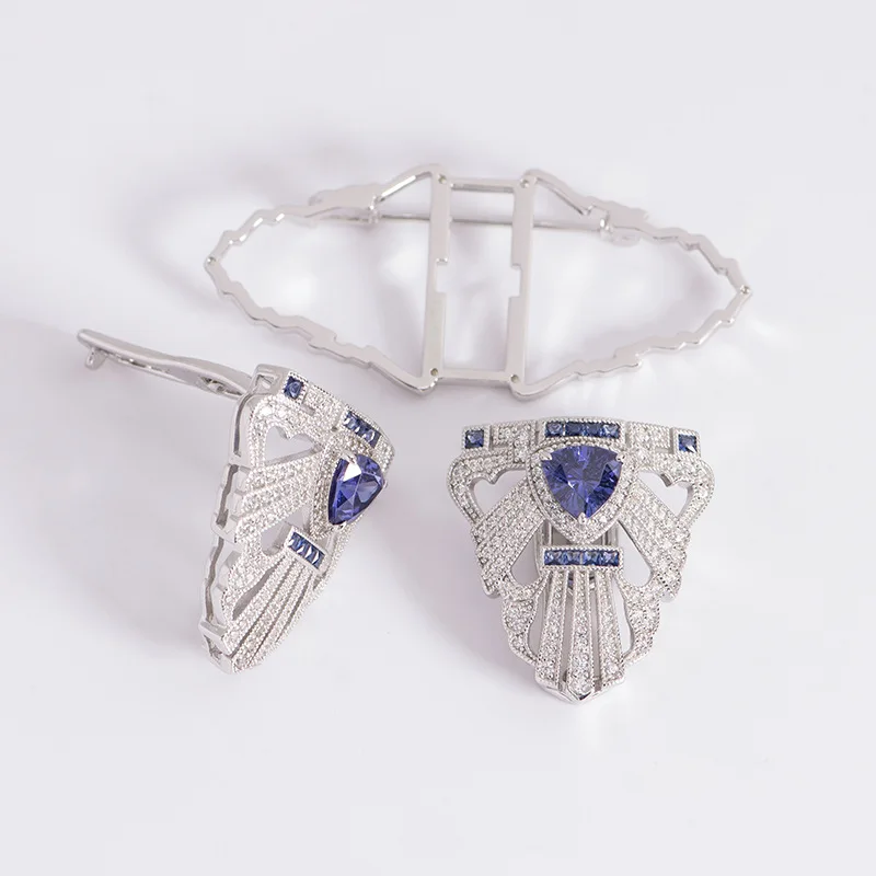 2023 New Sapphire Blue Vintage Silk Scarf Buckle Collar Clip 925 Sterling Silver double clip 2 in 1 brooch