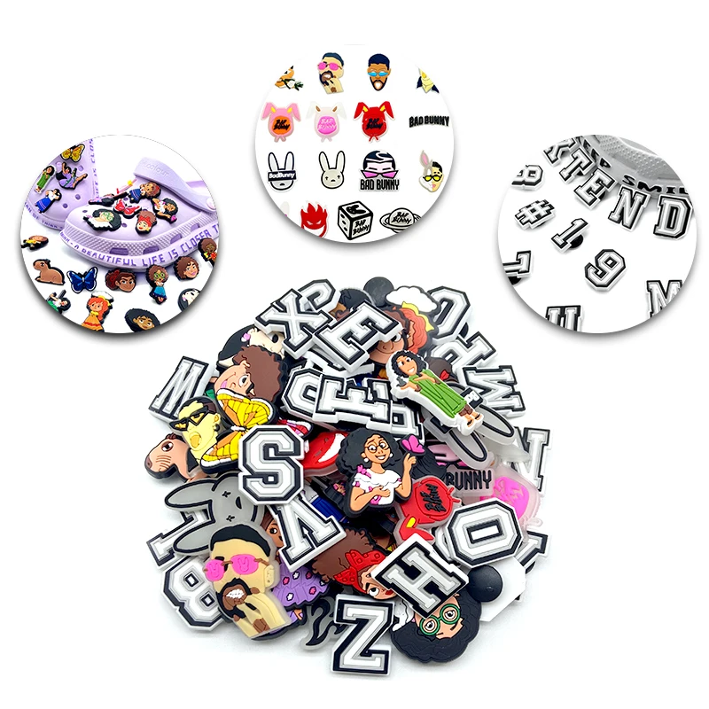 Bad Bunny Lookalikes Anime Croc Charms Letters For Crocks Designer Luxury Jibitz Croc Custom Shoes Charm Bling Shoe Decorations