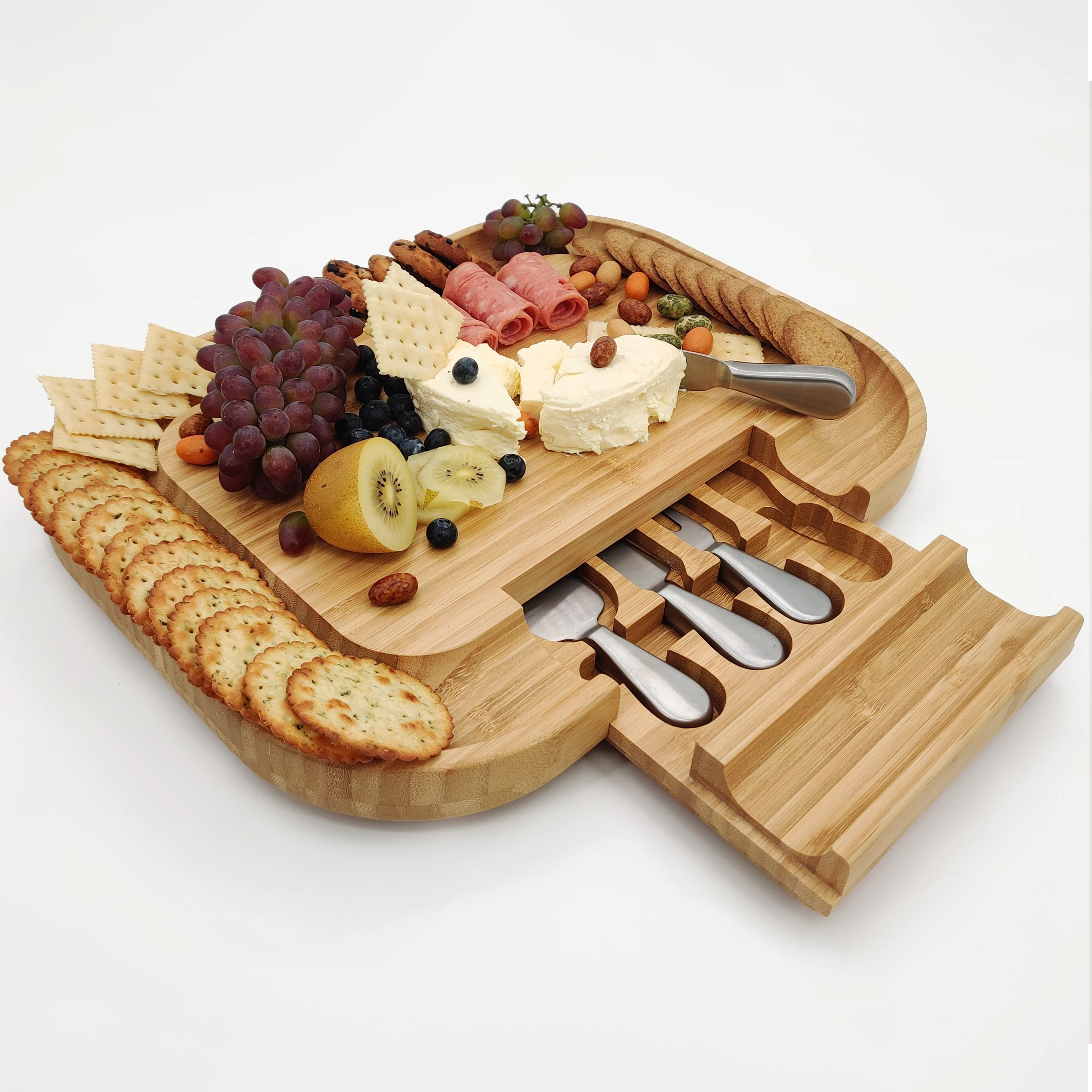 Bamboo Wood Slate Cheese Charcuterie Platter Magnetic Knife Slot Cheese Board Set With Cutlery Knife Wood Charcuterie Boards