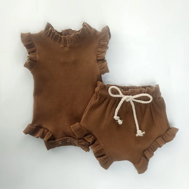 Wholesale 3 PCS Organic Cotton Baby Girl Jumpsuit Rompers Shorts NewBorn Baby Girl Ruffle  Baby Clothing Set With Headband