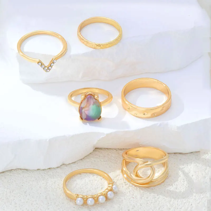 CDD French Elegant Pearl Geometric Knuckle Rings Set for Women Charm Finger Ring Female Boho Party Jewelry