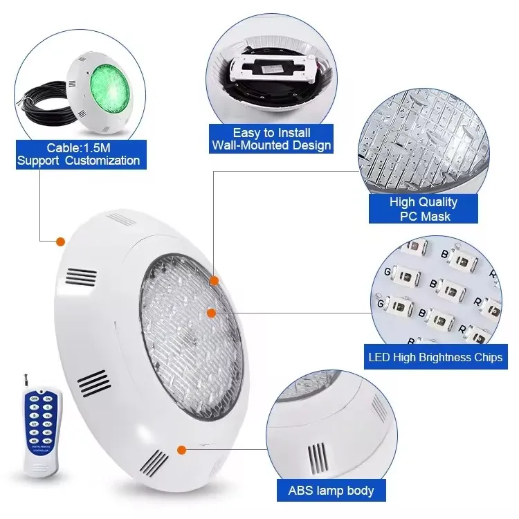 PC Flat Pool lamp 12V Wall Mounted 260mm led pool light resin RGB Remote Control 2 Wries LED Underwater swimming pool Light