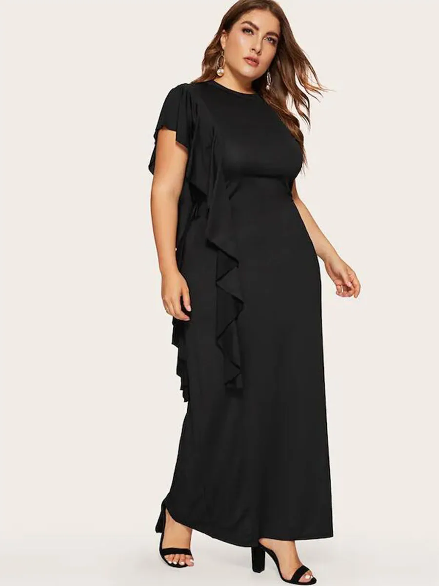 plus size 5XL dresses New arrival Leaf edge sleeve ruffles trim dress evening dress FM-6801