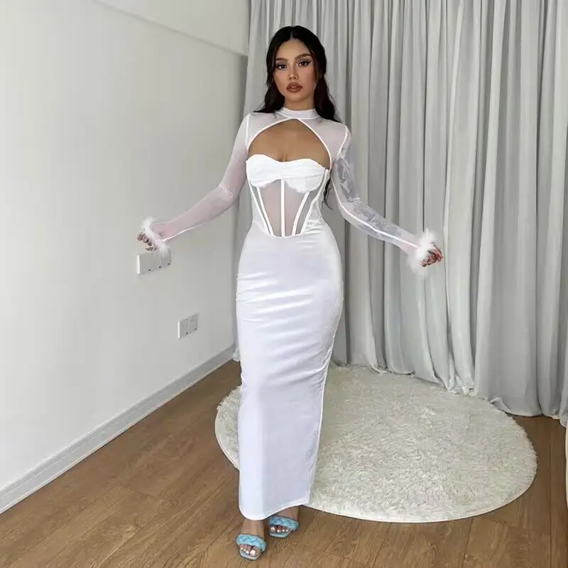 Fashion Waist Splicing Women Elegant Casual Long Sleeve Bodycon Midi Dress