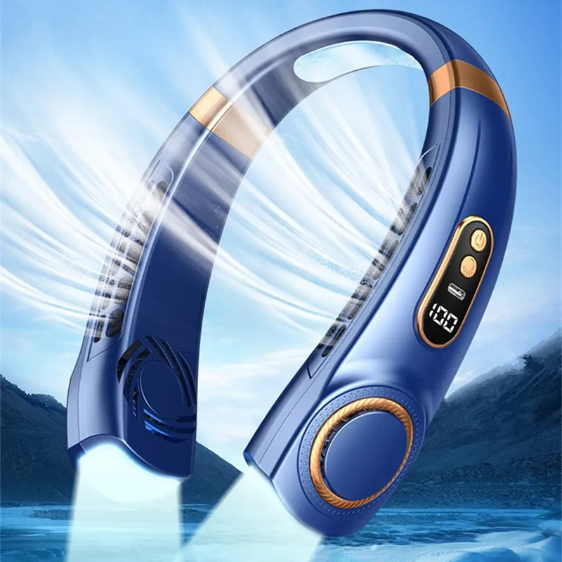 Summer USB multi-function charging portable bladed neck fan with emergency light for indoor and outdoor