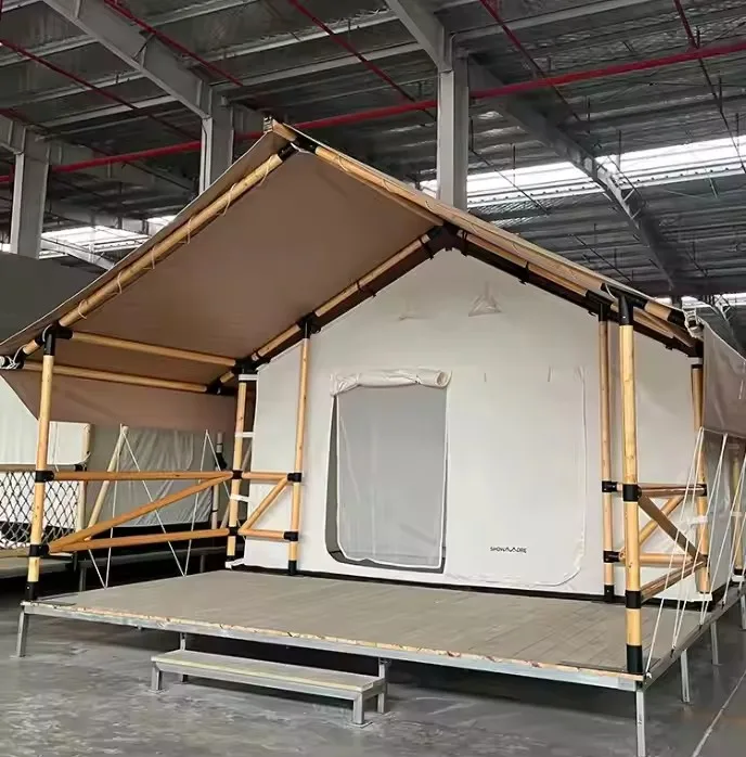 Home Luxury Canvas Glamping Wooden Style waterproof canvas tarpaulin luxury glamping outdoor living safari tent With Bathroom
